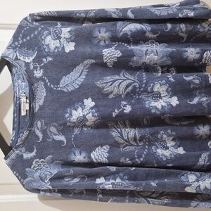 Chicos Womens‎ Top Size 3 US XL Blue Floral Cotton Stretch Long Sleeve crop boxy